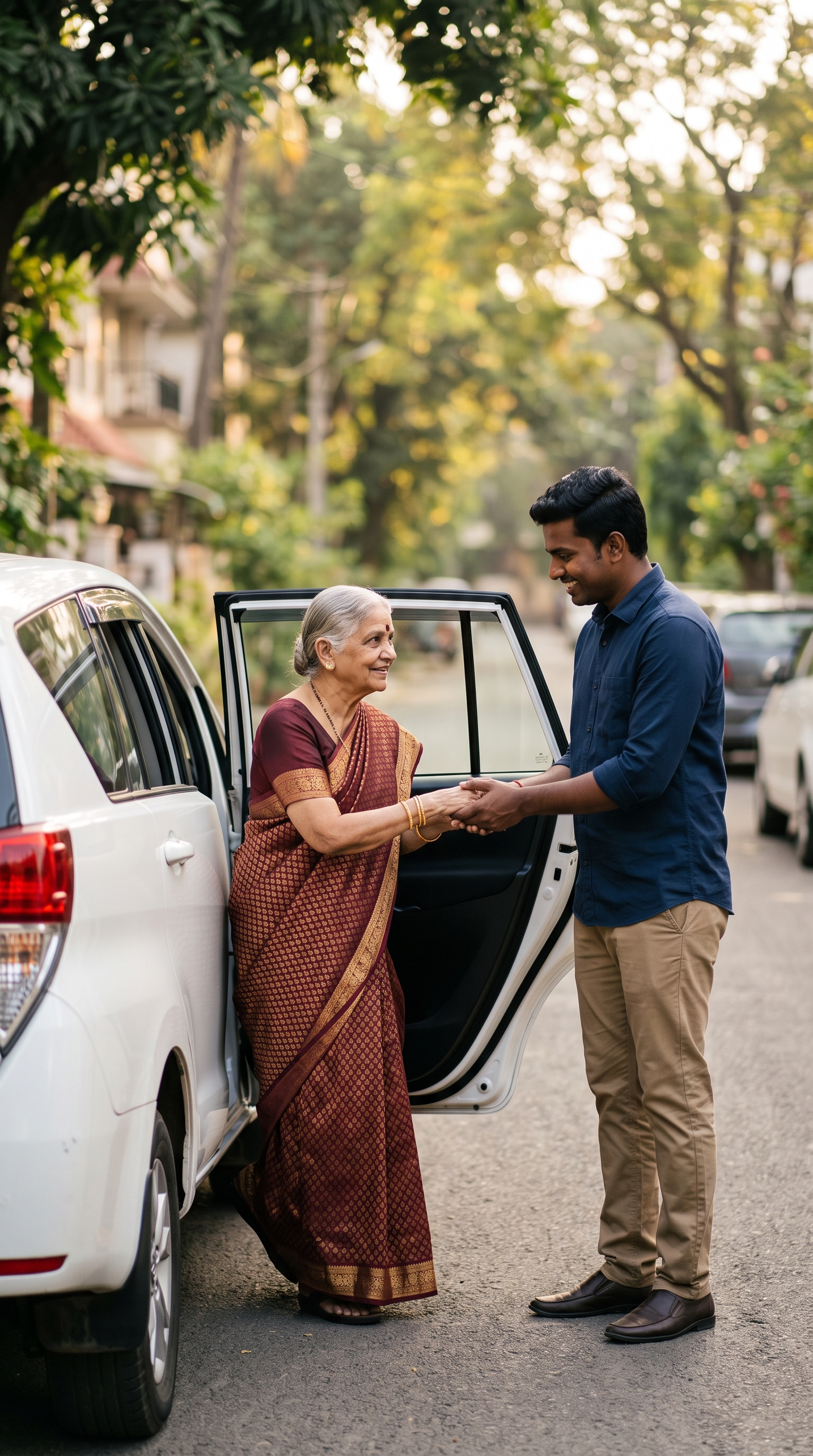 A TriCity Care driver gently helping an elderly parent